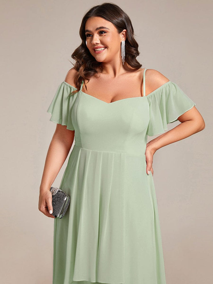 Plus Size Off-Shoulder High-Low Chiffon Wedding Guest Dresses with Short Sleeves