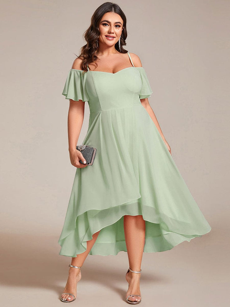 Plus Size Off-Shoulder High-Low Chiffon Wedding Guest Dresses with Short Sleeves