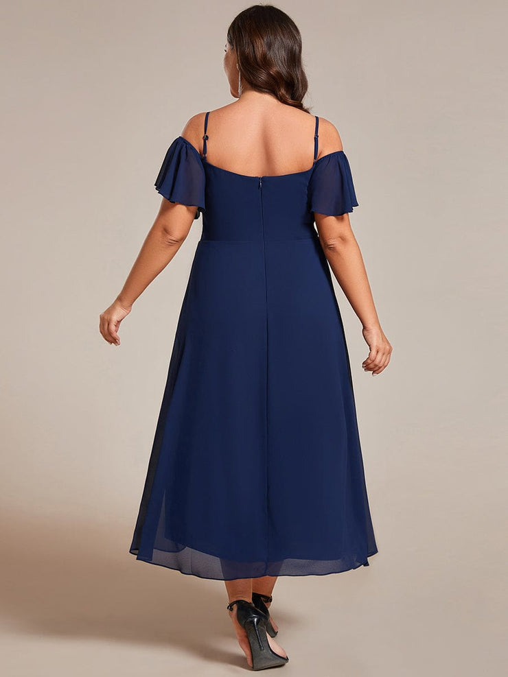 Plus Size Off-Shoulder High-Low Chiffon Wedding Guest Dresses with Short Sleeves