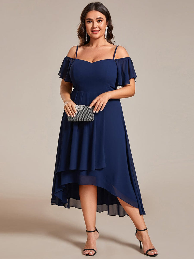 Plus Size Off-Shoulder High-Low Chiffon Wedding Guest Dresses with Short Sleeves