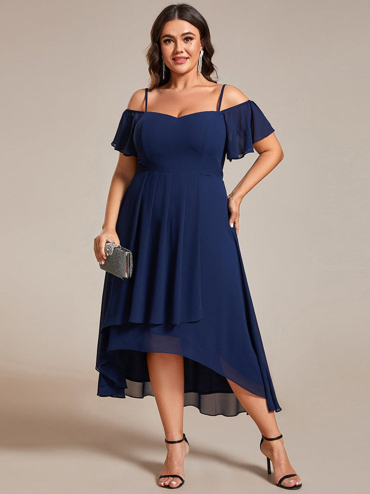 Plus Size Off-Shoulder High-Low Chiffon Wedding Guest Dresses with Short Sleeves