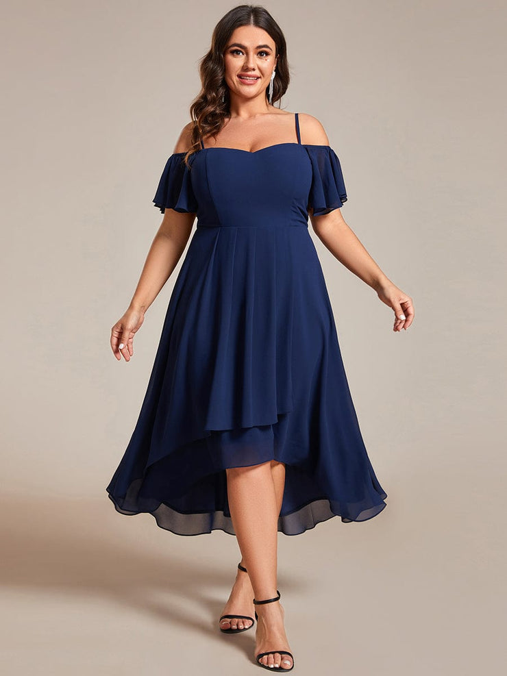 Plus Size Off-Shoulder High-Low Chiffon Wedding Guest Dresses with Short Sleeves