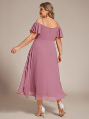 Plus Size Off-Shoulder High-Low Chiffon Wedding Guest Dresses with Short Sleeves