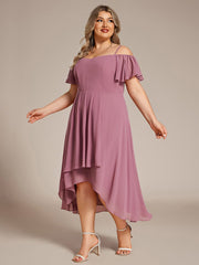 Plus Size Off-Shoulder High-Low Chiffon Wedding Guest Dresses with Short Sleeves