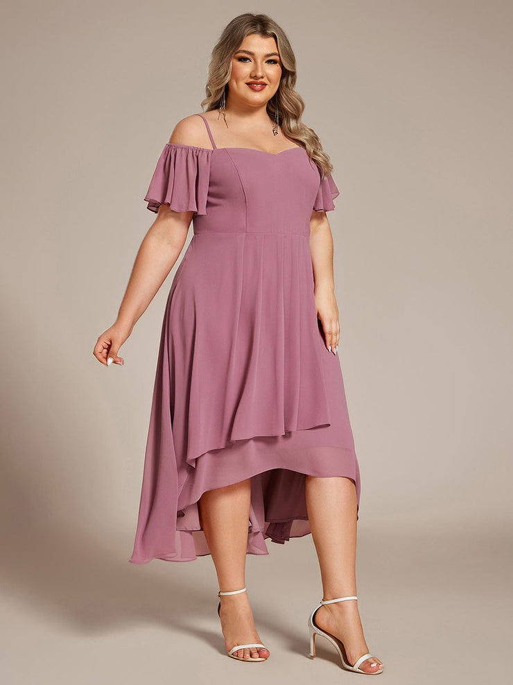 Plus Size Off-Shoulder High-Low Chiffon Wedding Guest Dresses with Short Sleeves