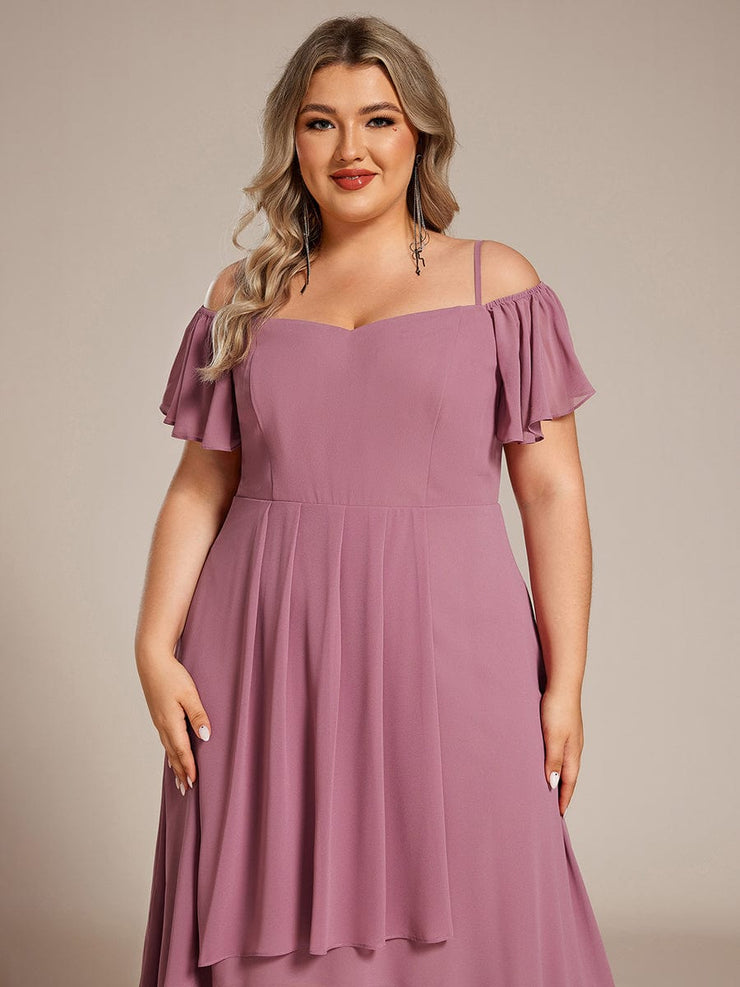 Plus Size Off-Shoulder High-Low Chiffon Wedding Guest Dresses with Short Sleeves