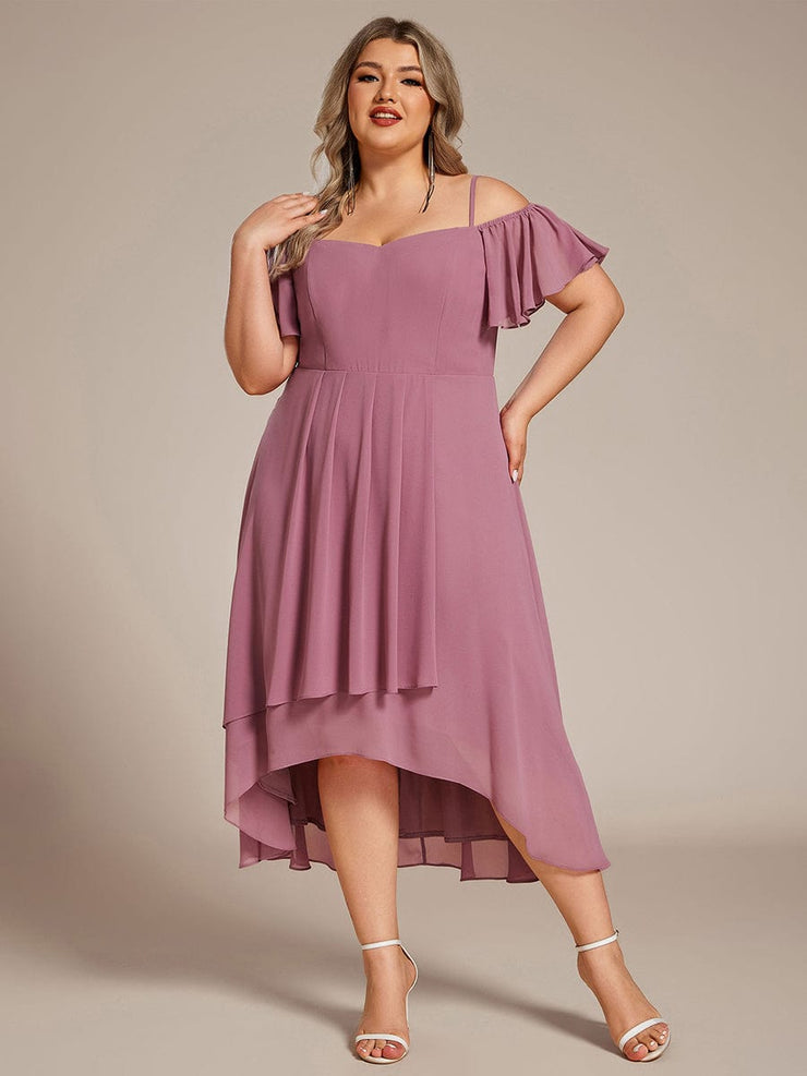 Plus Size Off-Shoulder High-Low Chiffon Wedding Guest Dresses with Short Sleeves