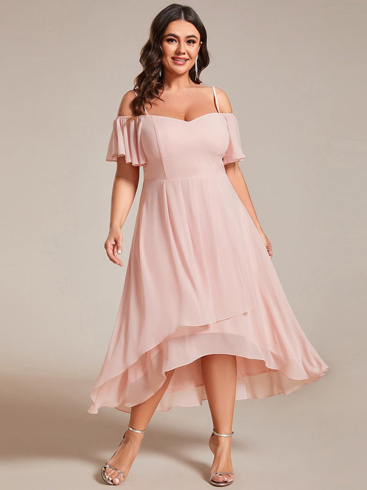 Plus Size Off-Shoulder High-Low Chiffon Wedding Guest Dresses with Short Sleeves