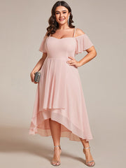 Plus Size Off-Shoulder High-Low Chiffon Wedding Guest Dresses with Short Sleeves