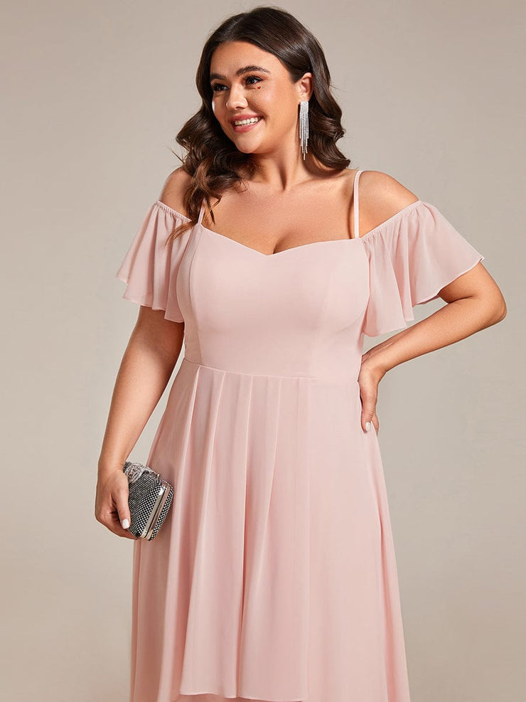 Plus Size Off-Shoulder High-Low Chiffon Wedding Guest Dresses with Short Sleeves