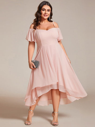 Plus Size Off-Shoulder High-Low Chiffon Wedding Guest Dresses with Short Sleeves