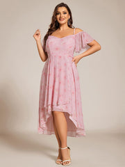 Plus Size Off-Shoulder High-Low Chiffon Wedding Guest Dresses with Short Sleeves