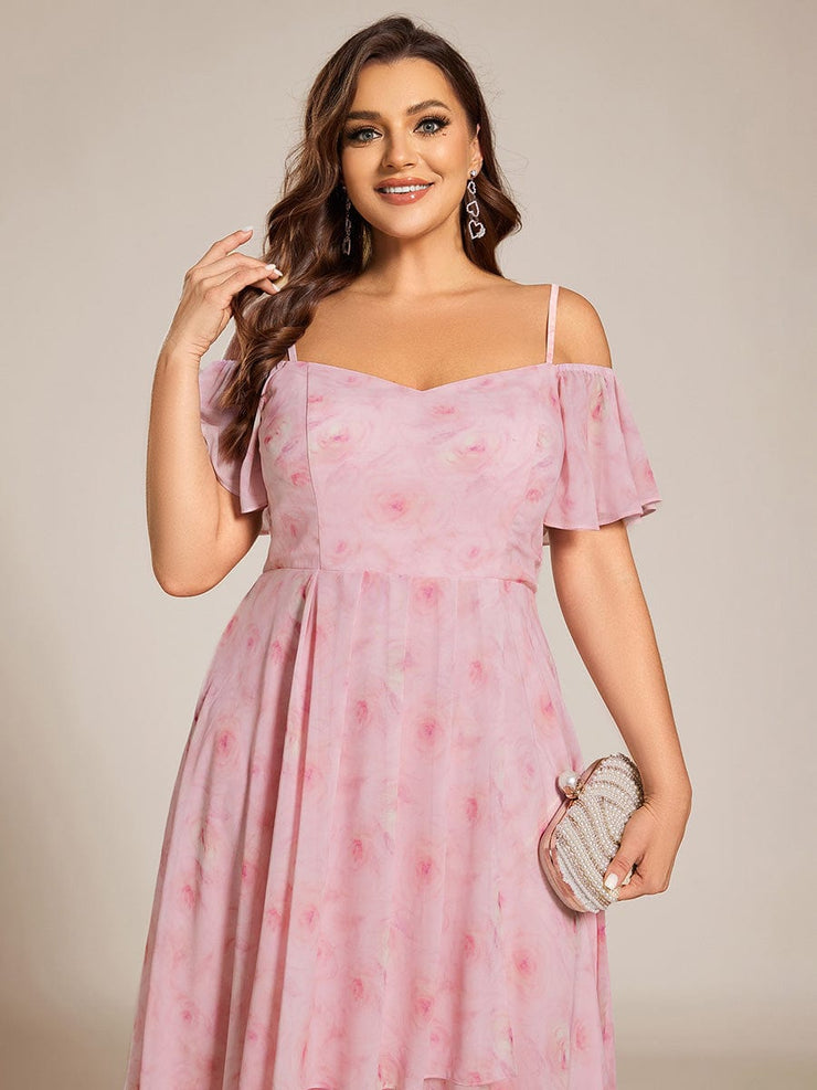 Plus Size Off-Shoulder High-Low Chiffon Wedding Guest Dresses with Short Sleeves