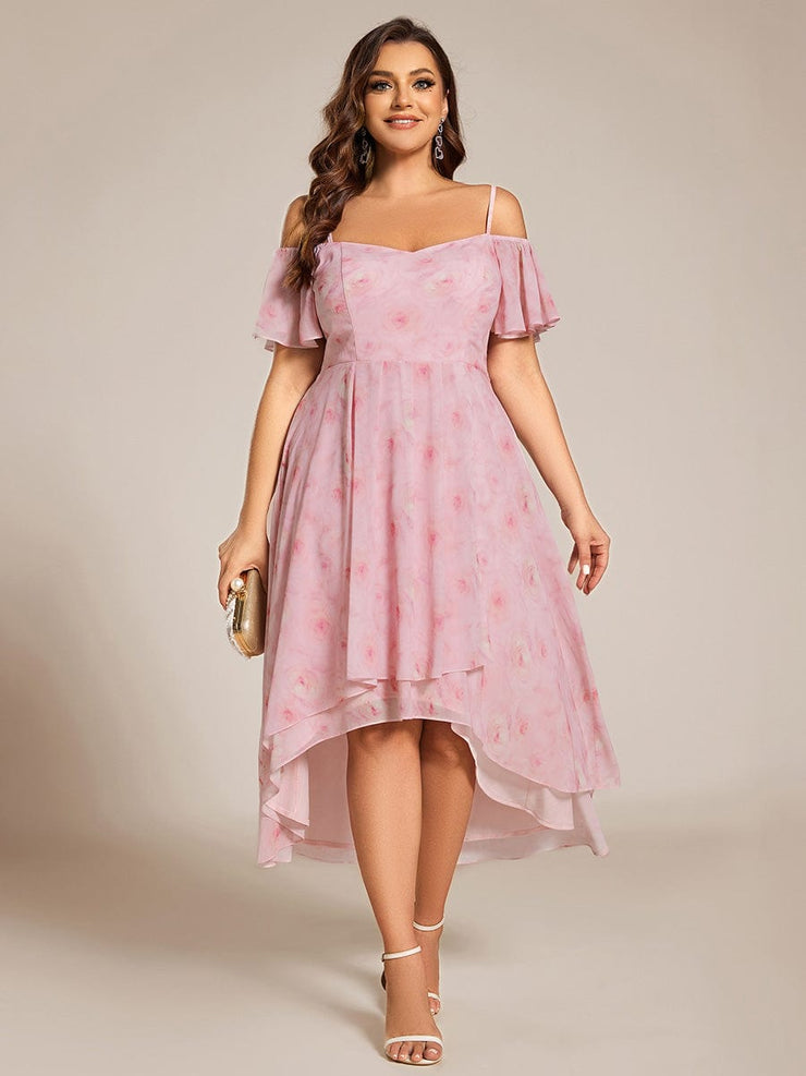 Plus Size Off-Shoulder High-Low Chiffon Wedding Guest Dresses with Short Sleeves