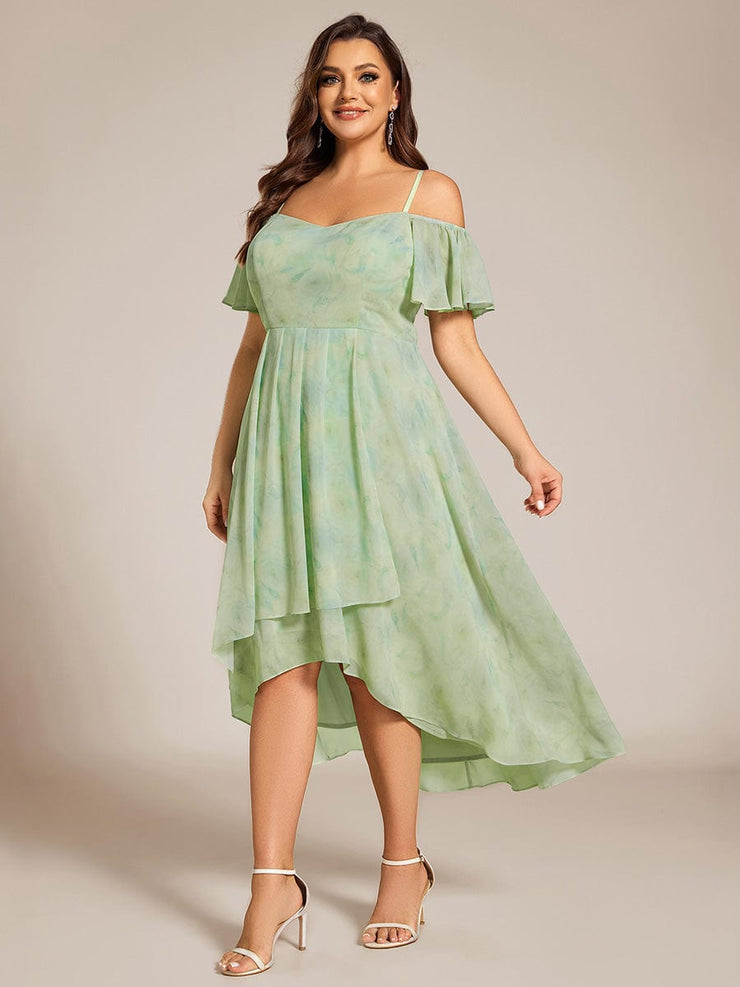 Plus Size Off-Shoulder High-Low Chiffon Wedding Guest Dresses with Short Sleeves