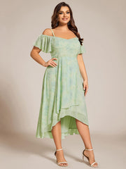 Plus Size Off-Shoulder High-Low Chiffon Wedding Guest Dresses with Short Sleeves