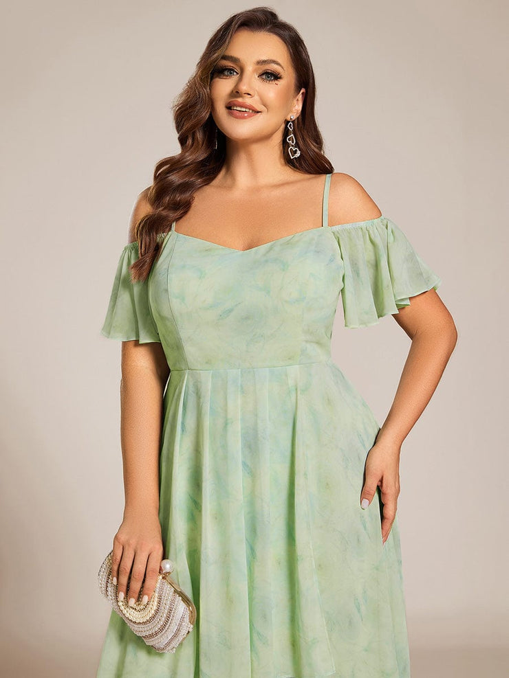 Plus Size Off-Shoulder High-Low Chiffon Wedding Guest Dresses with Short Sleeves