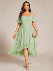 Plus Size Off-Shoulder High-Low Chiffon Wedding Guest Dresses with Short Sleeves