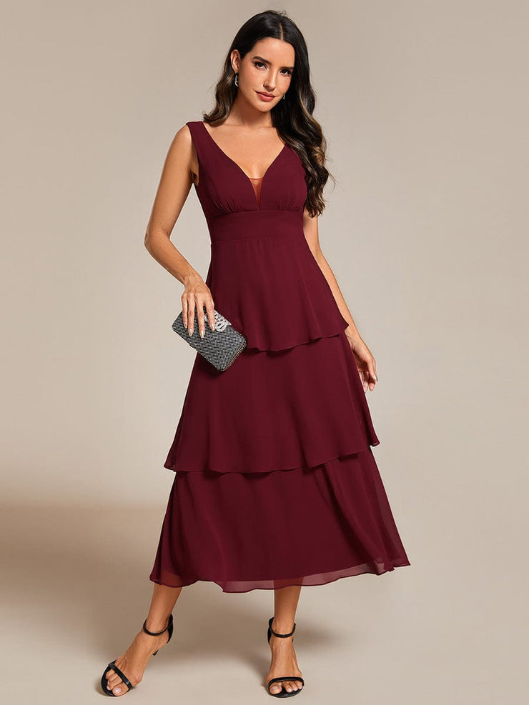 Layered hem V-Neck Sleeveless A-Line Chiffon Wedding Guest Dress