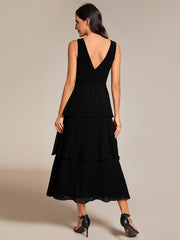 Layered hem V-Neck Sleeveless A-Line Chiffon Wedding Guest Dress