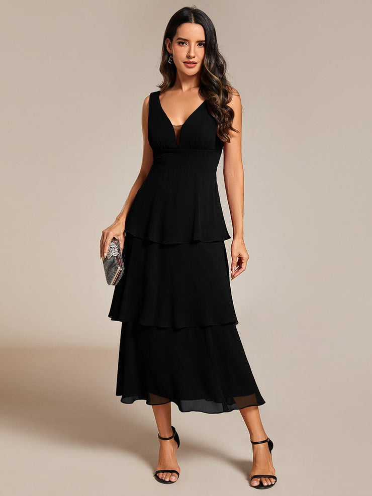 Layered hem V-Neck Sleeveless A-Line Chiffon Wedding Guest Dress