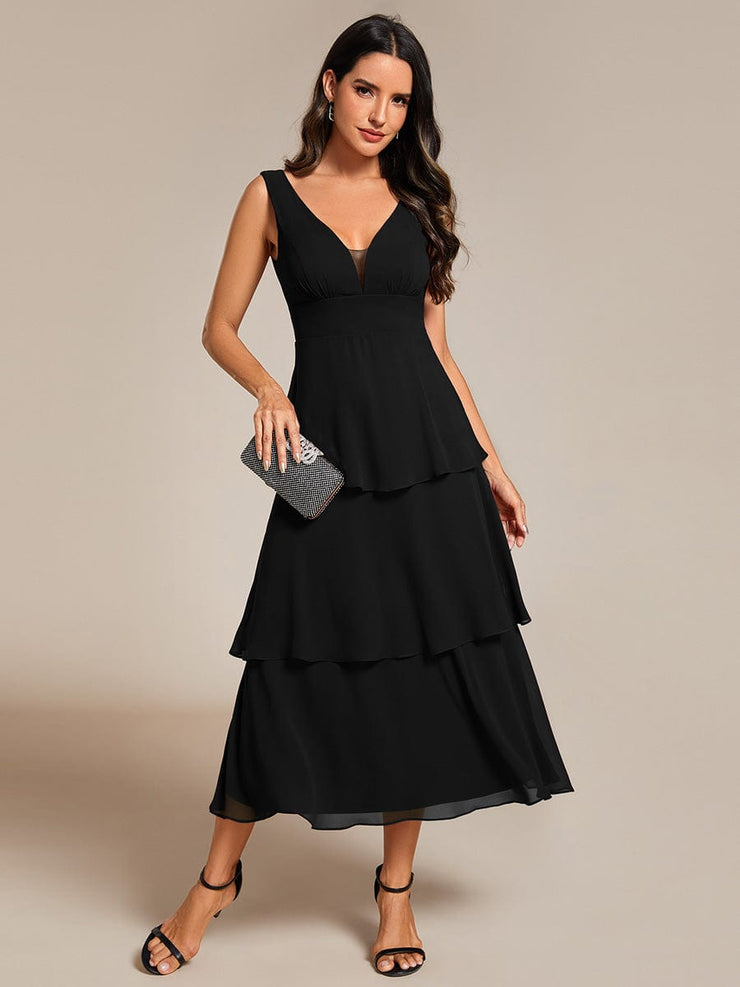 Layered hem V-Neck Sleeveless A-Line Chiffon Wedding Guest Dress