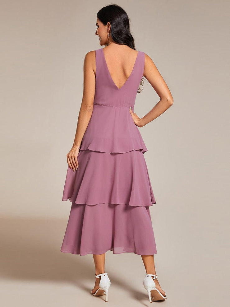 Layered hem V-Neck Sleeveless A-Line Chiffon Wedding Guest Dress