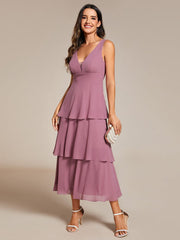 Layered hem V-Neck Sleeveless A-Line Chiffon Wedding Guest Dress