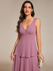 Layered hem V-Neck Sleeveless A-Line Chiffon Wedding Guest Dress