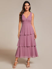 Layered hem V-Neck Sleeveless A-Line Chiffon Wedding Guest Dress