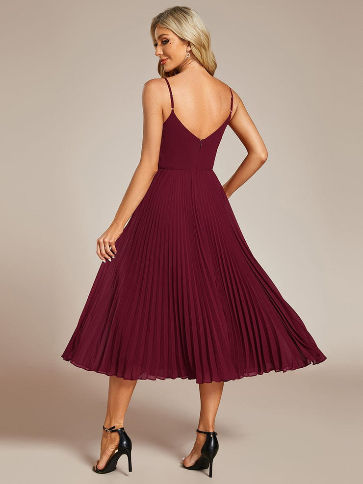 Midi Chiffon Stacked Pleating Backless Wedding Guest Dress with V-Neck