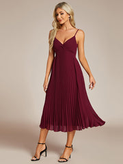 Midi Chiffon Stacked Pleating Backless Wedding Guest Dress with V-Neck