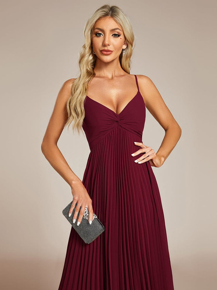 Midi Chiffon Stacked Pleating Backless Wedding Guest Dress with V-Neck