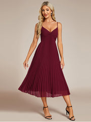 Midi Chiffon Stacked Pleating Backless Wedding Guest Dress with V-Neck