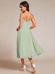 Midi Chiffon Stacked Pleating Backless Wedding Guest Dress with V-Neck