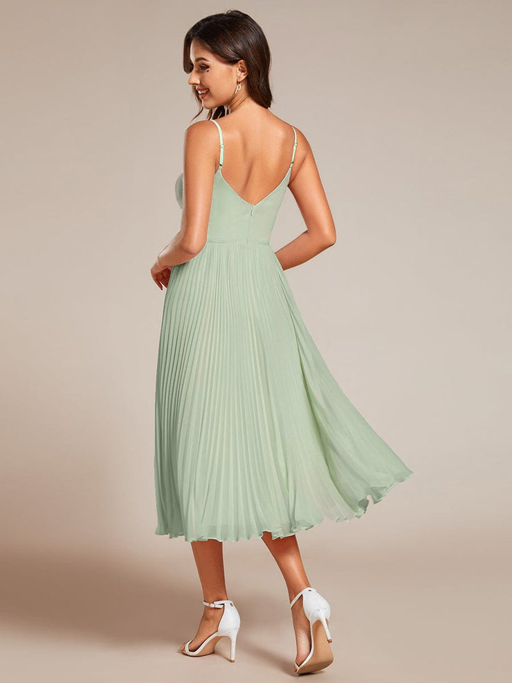 Midi Chiffon Stacked Pleating Backless Wedding Guest Dress with V-Neck