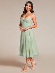 Midi Chiffon Stacked Pleating Backless Wedding Guest Dress with V-Neck