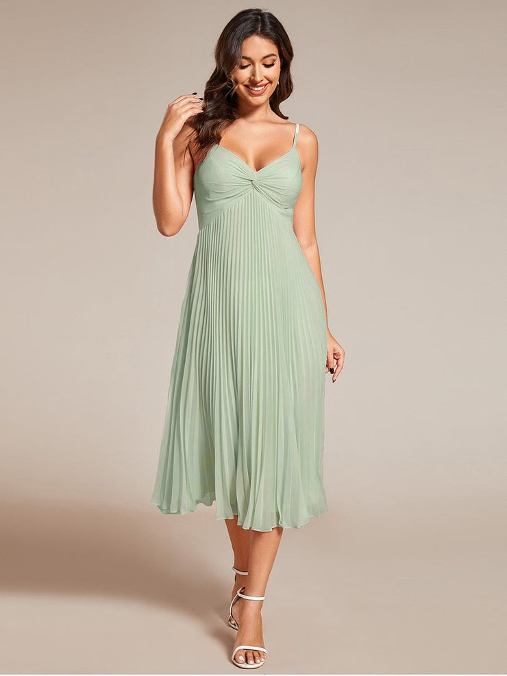 Midi Chiffon Stacked Pleating Backless Wedding Guest Dress with V-Neck