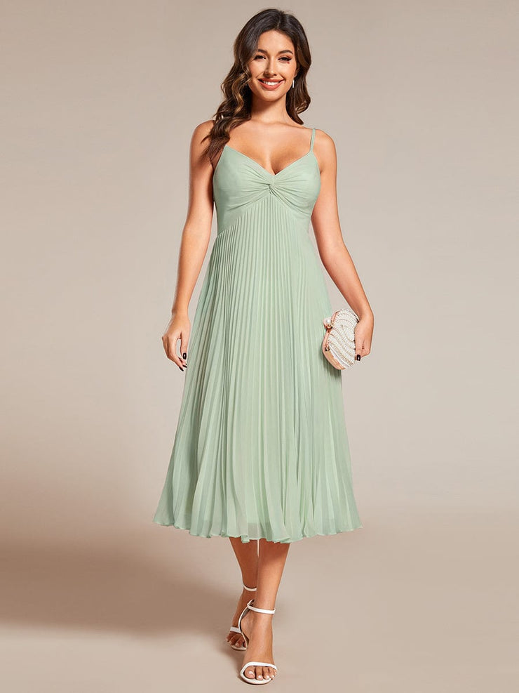 Midi Chiffon Stacked Pleating Backless Wedding Guest Dress with V-Neck