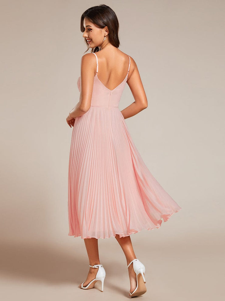 Midi Chiffon Stacked Pleating Backless Wedding Guest Dress with V-Neck