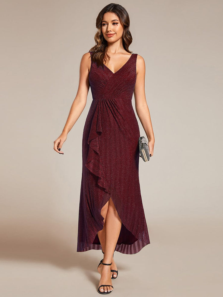 Sleeveless High-Low Fishtail Wedding Guest Dress with Lotus Leaf