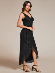 Sleeveless High-Low Fishtail Wedding Guest Dress with Lotus Leaf