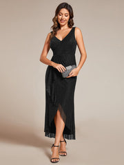 Sleeveless High-Low Fishtail Wedding Guest Dress with Lotus Leaf