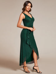 Sleeveless High-Low Fishtail Wedding Guest Dress with Lotus Leaf