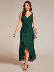 Sleeveless High-Low Fishtail Wedding Guest Dress with Lotus Leaf