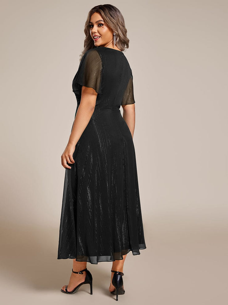 Plus Size Glitter Short Sleeve A-Line Midi Wedding Guest Dress with Ruffled Hem