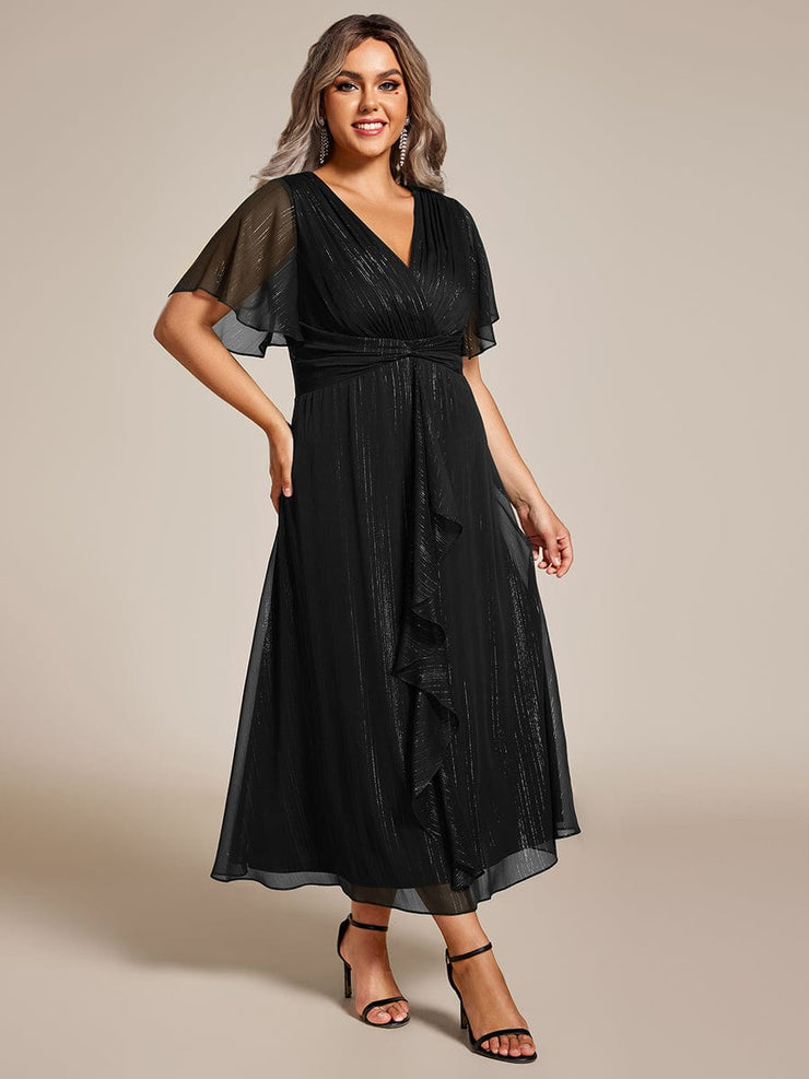 Plus Size Glitter Short Sleeve A-Line Midi Wedding Guest Dress with Ruffled Hem