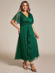 Plus Size Glitter Short Sleeve A-Line Midi Wedding Guest Dress with Ruffled Hem