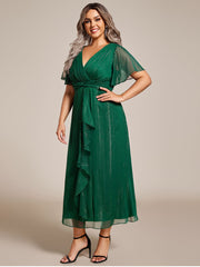 Plus Size Glitter Short Sleeve A-Line Midi Wedding Guest Dress with Ruffled Hem