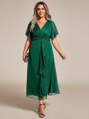 Plus Size Glitter Short Sleeve A-Line Midi Wedding Guest Dress with Ruffled Hem